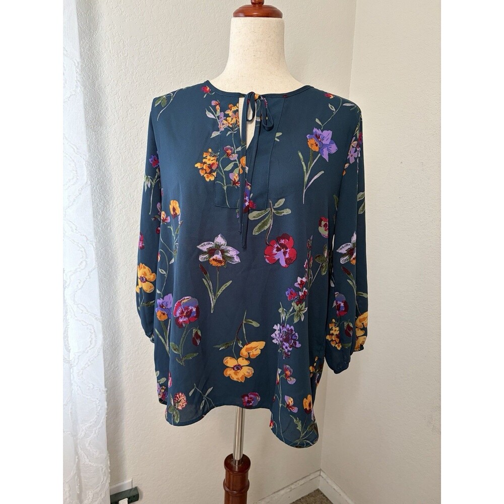 West Kei Womens M Blue Floral Long Sleeve Tie Neck Blouse Professional Modest